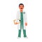 Doctor. Young MD in green scrubs and white gown. Medical team concept. A male physician with a stethoscope and medical