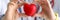 Doctors cardiologists hold red toy heart in clinic closeup