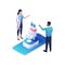 Doctors conduct web microscopic examination isometric illustration. Male and female characters in dressing gown discuss