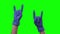 Doctors female hand in blue glove are showing sign rock, cool. Green screen. Close up