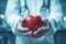 Doctors hand holding a red heart shape in a hospital.illustration. Ai generative
