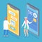 Doctors or laboratory assistants, isometric 3d illustration of smartphones with medical app