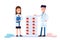 Doctors Man and woman are standing near medications, drugs. Good Smiling Doctor. Tablets for patients. Flat vector illustration.
