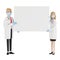 Doctors. Medical specialists man and woman holding blank poster.