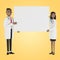 Doctors. Medical specialists man and woman holding blank poster.