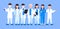 Doctors together concept vector. Front-liners are fighting against virus, illness. Therapist, surgeon, scientist are shown. The