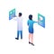 Doctors write web recommendations isometric illustration. Male and female characters set up web panels with medical