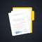 Document icon. Paper documents in folder with signature and text  contract idea. Confirmed or approved document. Vector on