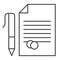 Document with pen and stamp thin line icon. Agreement contract with stamp. Jurisprudence vector design concept, outline