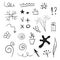 Doddle design elements. Vector set of hand drawn sketches. Blot, arrows, stars, spirals, tic tac toe, flowers, sparklers