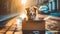 Dog abandoned on the street, lives in cardboard box, in torrential rain