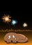 Dog is afraid of fireworks and crying. Dogs afraid din sounds. Night sky, fireworks and city lights on background. Vector image