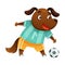 Dog animal playing soccer. Cute football mascot in sports uniform cartoon vector illustration