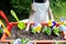 Dog in an apron, surrounded by flowers and garden tools, an image of a gardener, a grower. The concept of spring planting