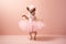 A dog as a ballerina dancer in a tutu on pastel background. Dog dancing in ballerina outfit doing a pirouette. Classic dance,
