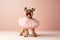 A dog as a ballerina dancer in a tutu on pastel background. Dog dancing in ballerina outfit doing a pirouette. Classic dance,