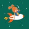 Dog astronaut play with his rocket. Animal in outer space. Vector hand-drawn color children`s illustration background for fabric,