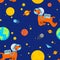 Dog astronaut space pattern seamless. Pet spaceman background. puppy cosmonaut costume. Universe textire