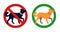 Dog ban sign. Pets prohibited circle crossed icon. Animal restricted zone. Puppies walking law regulations. Allowed or