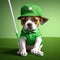 Dog in baseball cap and green uniform playing golf