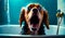 Dog in bathtub with its mouth open and it's mouth wide open. Generative AI