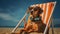 Dog on beach chair wearing sunglasses