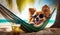 The dog on the beach lies in a hammock with a cocktail smiles happy in sunglasses. Generative AI,