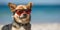 Dog at the beach wearing red sunglasses, relax and vacation concept, style and fashion on the beach, funny pet sunbathing, playing