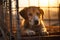 Dog Behind Fence at Sunset