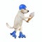 Dog in blue helmet rides roller skates