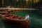 Dog in a boat on a lake. Jack Russell Terrier in nature. Traveling with a pet to Italy, Lago di Braies