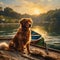 a dog on a boat on the water with the sun setting