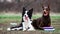 Dog border collie white black and red doberman lying together on grass with open mouth