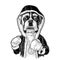 Dog boxer dressed in human in robe, gloves. Vintage black engraving