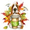 Dog breed Basset Hund. holding a glass of coffee. autumn leaves. Cute puppy.