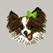 A dog of breed Black Chihuahua with a green bow silhouette face muzzle painted squares, pixels