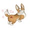 A dog of the breed corgi with an arrow of cupid in the rear. Love puppy Valentine`s Day.