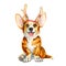 Dog breed corgi in deer horns. Christmas cute puppy. New Year. Isolated on white background.
