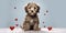 A dog breed puppy is sitting in the snow surrounded by red hearts