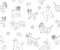 Dog breeds, poodle, pug and yorkshire terrier, seamless vector background in outline. Animal, pets, basset hound, welsh corgi and