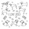 Dog breeds. Set with the inscription I love dogs