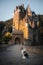 The dog at the castle. Travelling with a pet. Australian shepherd on the background of architecture