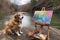 dog and cat artists painting watercolor landscapes together