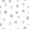 Dog and cat footprint with hearts. Paw seamless pattern.