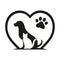 Dog and cat love animal symbol paw print with heart on a white background