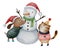 Dog and cat are molding a snowman . Watercolor paint cartoon characters . White isolate background . X-mas scene set 5 of 10 .