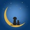 A dog and a cat sit on the moon under the stars at night