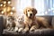 A dog and a cat on the sofa, bokeh, soft lighting with christmas lights. Generative AI