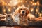 A dog and a cat on the sofa, bokeh, soft lighting with christmas lights. Generative AI