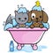 Dog and cat in a tub taking a bath. Vector illustration